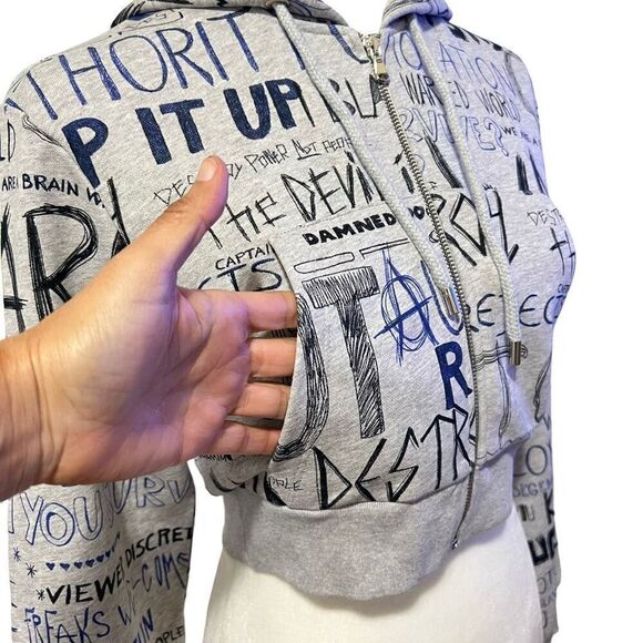MOSCHINO COUTURE New w Tags Small Womens Gray Wordy Crop Zip Hoodie Sweatshirt B - Picture 3 of 15